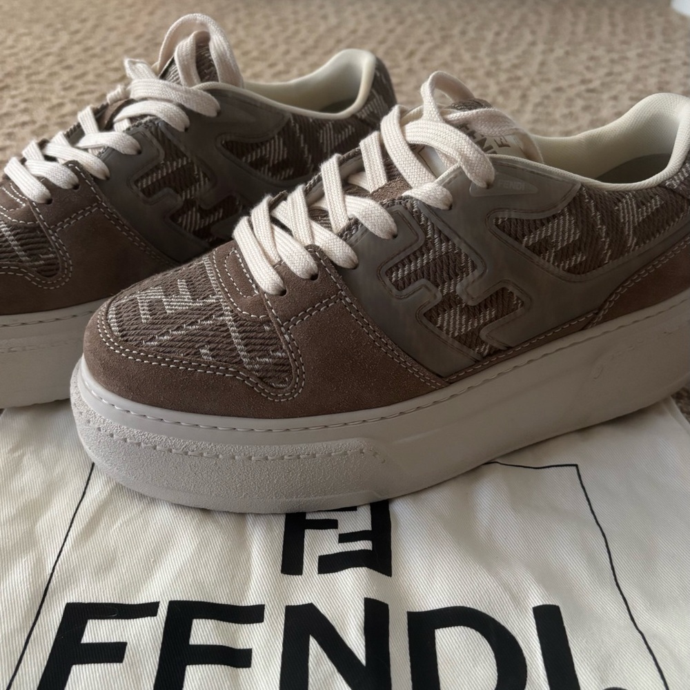 Fendi Beige and White Patterned Sneakers